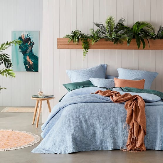 Vintage Washed Linen Dusty Blue Quilted Coverlet Separates