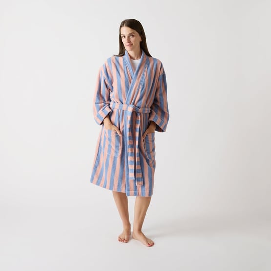 Terry Apricot Ice & Chambray Blue Stripe Bathrobe