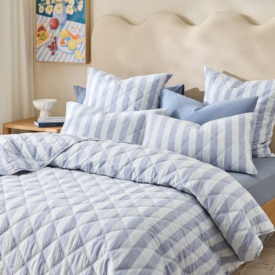 Stonewashed Cotton Blue Block Stripe Quilted Coverlet Separates