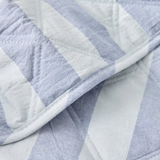 Stonewashed Cotton Blue Block Stripe Quilted Coverlet Separates
