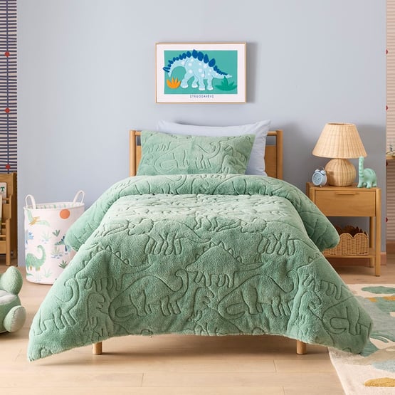 Dinosaur Dream Green Faux Fur Quilt Cover Set