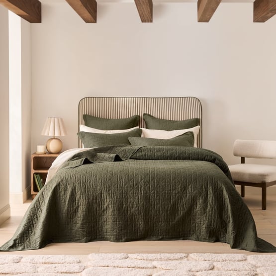 Vintage Washed Linen Thyme Quilted Coverlet