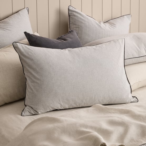 Stonewashed Printed Cotton Piped Charcoal Stripe Pillowcase