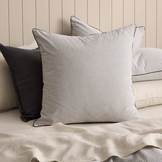 Stonewashed Printed Cotton Piped Charcoal Stripe Pillowcase
