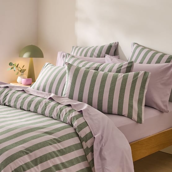 Stonewashed Cotton Emerald & Lilac Block Stripe Quilt Cover Separates