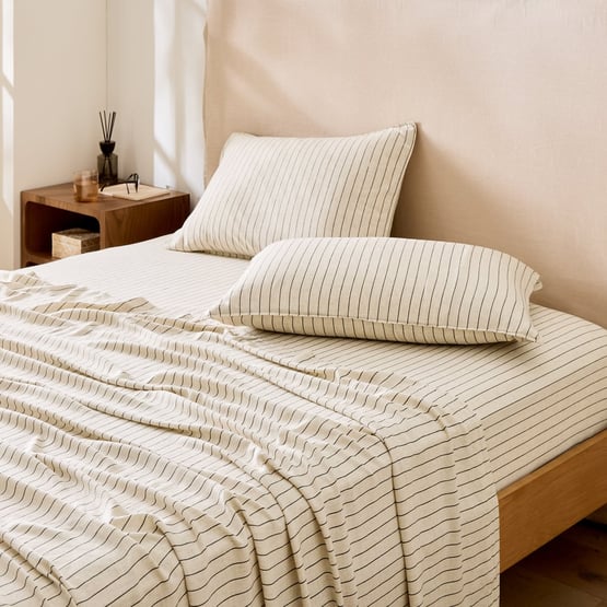 Washed Bamboo Linen Black & Natural Stripe Sheet Set