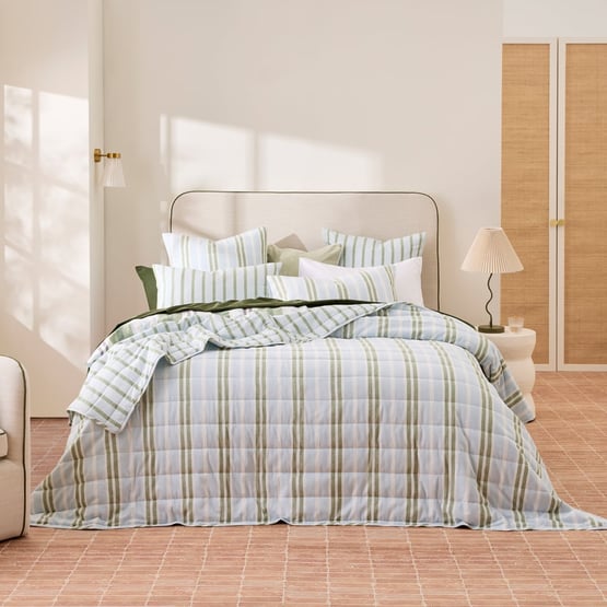 Linen Cotton Pedro Green Stripe Quilted Coverlet Separates