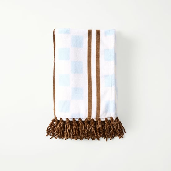 Aspen Blue & Natural Check Stripe Fleece Tassel Throw