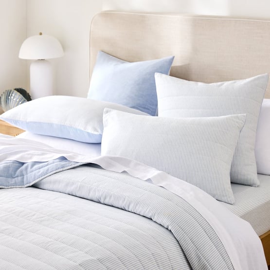 Linen Cotton Dusty Blue Stripe Quilted Coverlet Separates